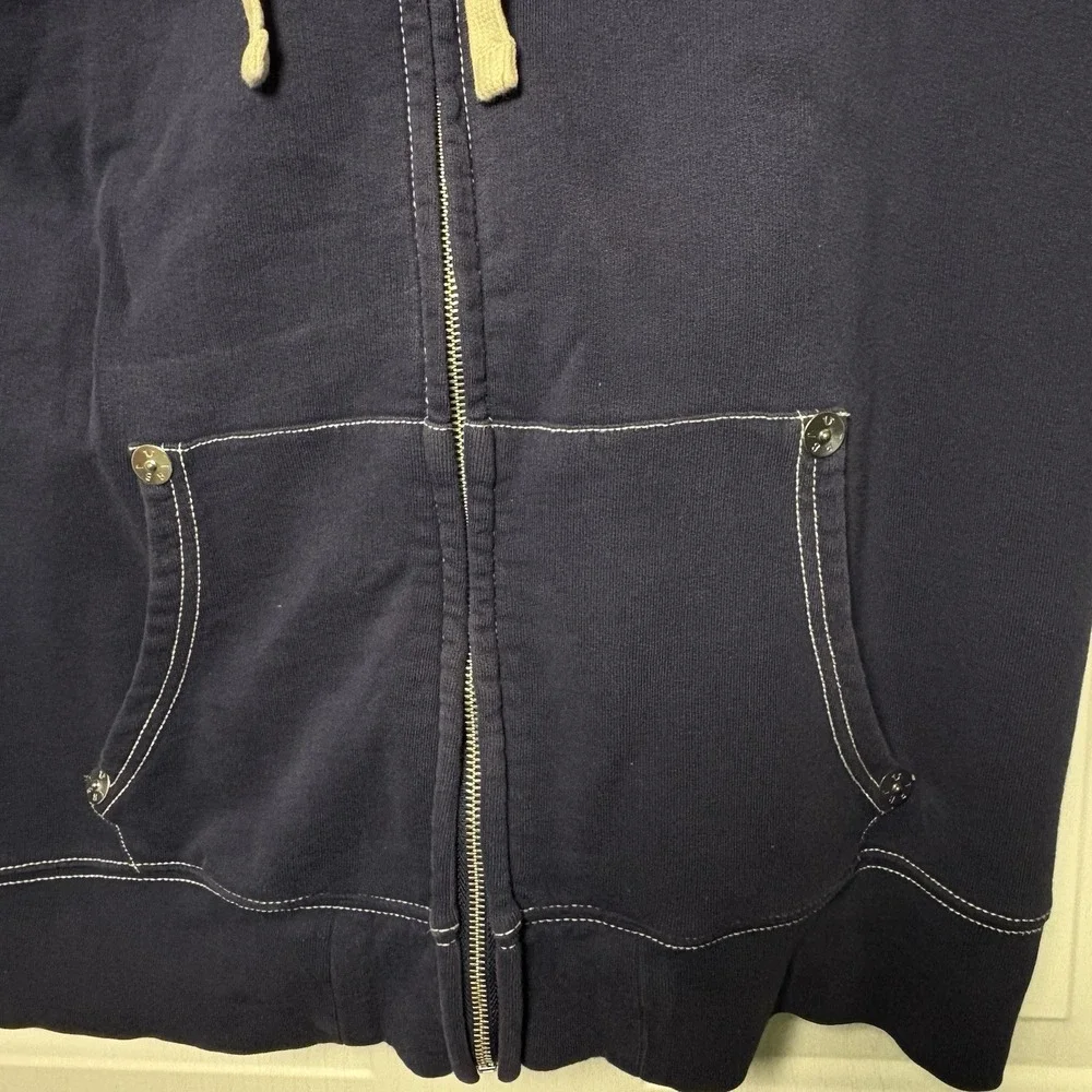 True Religion Jacket Big Back‎ Spell Out Front Emblem Hooded Navy Blue Sz L